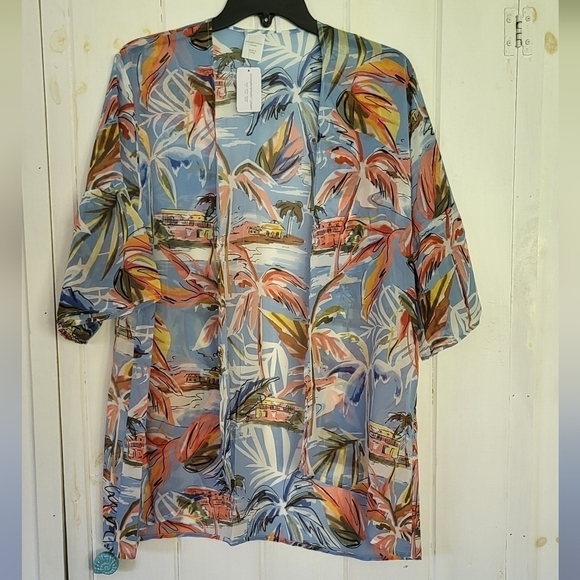 Tropical Print Hawaiian Half Sleeve Open Front Kimono Size PL/XL - Picture 4 of 12